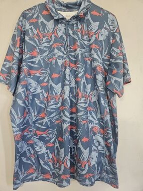 Huk Blue Polo with Coral and Light Blue Tropical Print